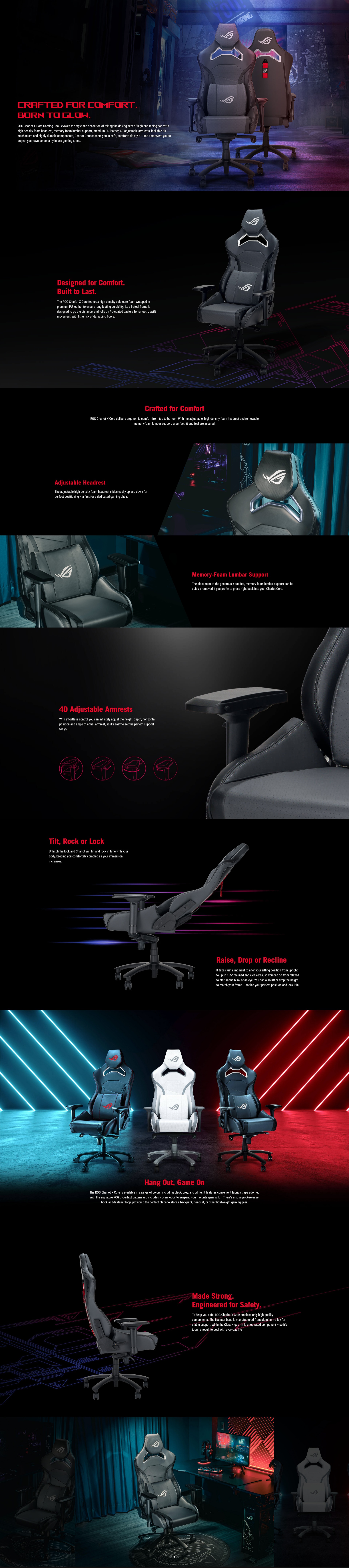 A large marketing image providing additional information about the product ASUS ROG Chariot X Core Gaming Chair - Grey - Additional alt info not provided